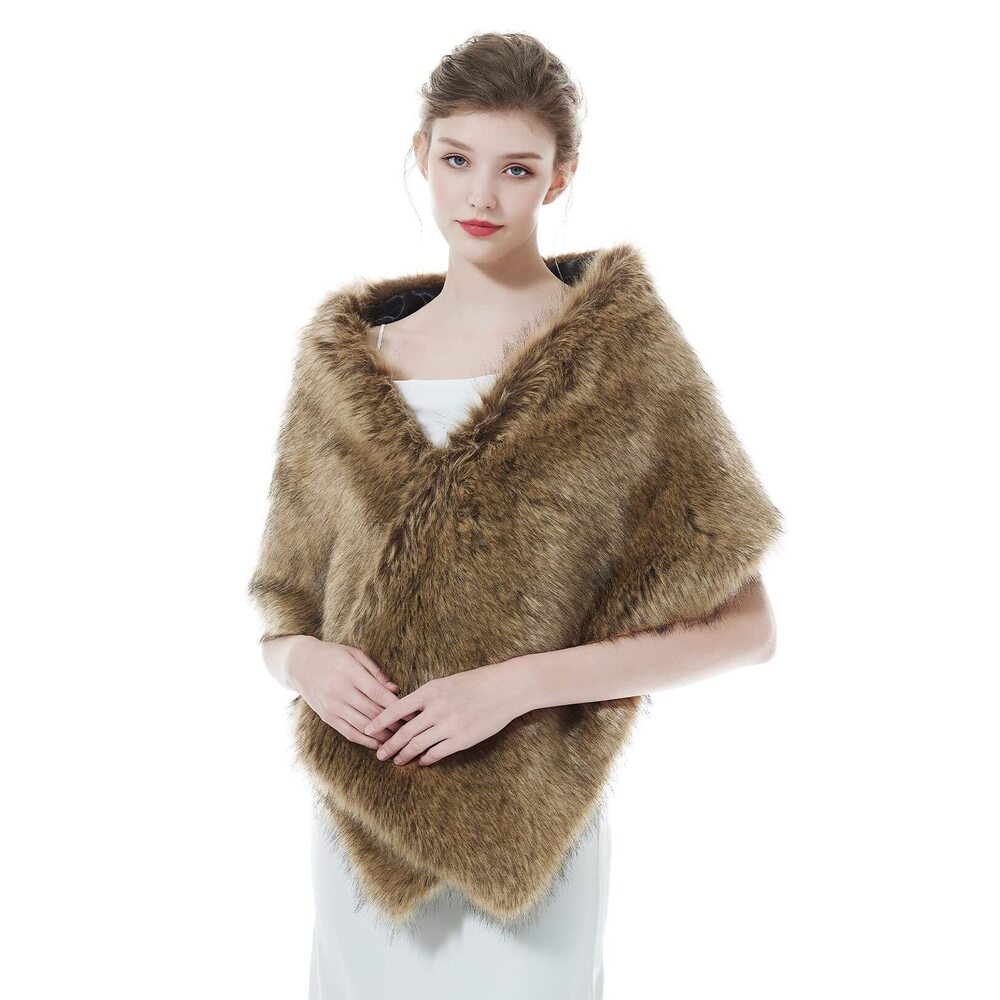4932 Faux Fur Shawl Wrap For Wedding Women Shrug Bridal Stole Winter Cover
